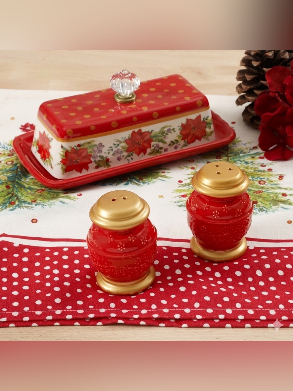 🌺 EUC Pioneer Woman Retired Holiday Red Butter Dish Tray Salt & Pepper Shaker
